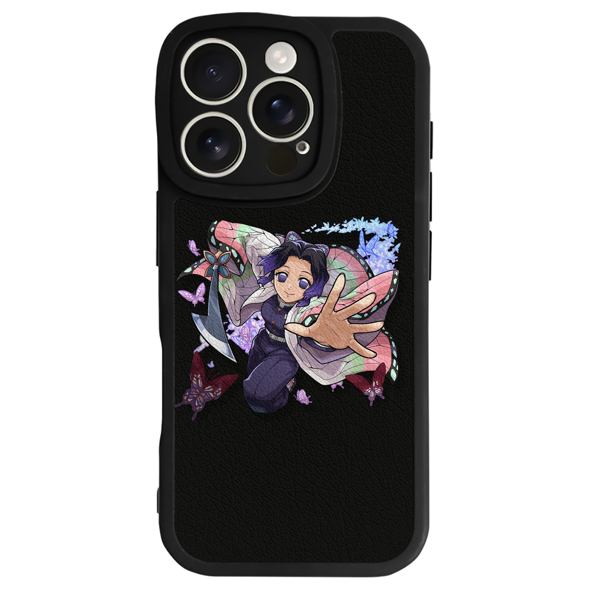 （画像用） 鬼滅の刃（きめつのやいば）蟲柱-胡蝶 しのぶ／こちょう しのぶ Kochou Shinobu 【iPhone 16シリーズ対応】シリコンスマホケース（レザー調） 材質：シリコン